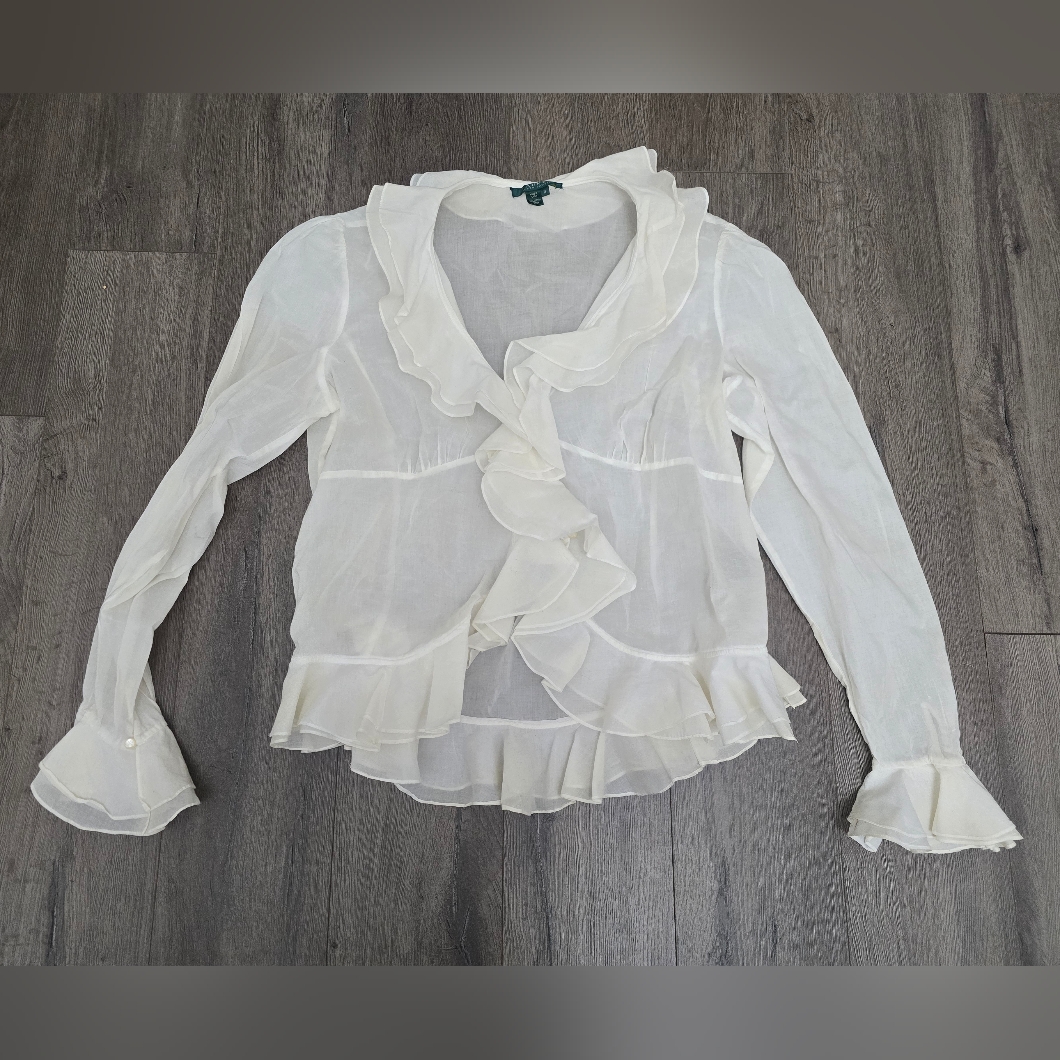 Lauren Ralph Lauren Ruffle Button Front Blouse Size 16 White Whimsy Flowy